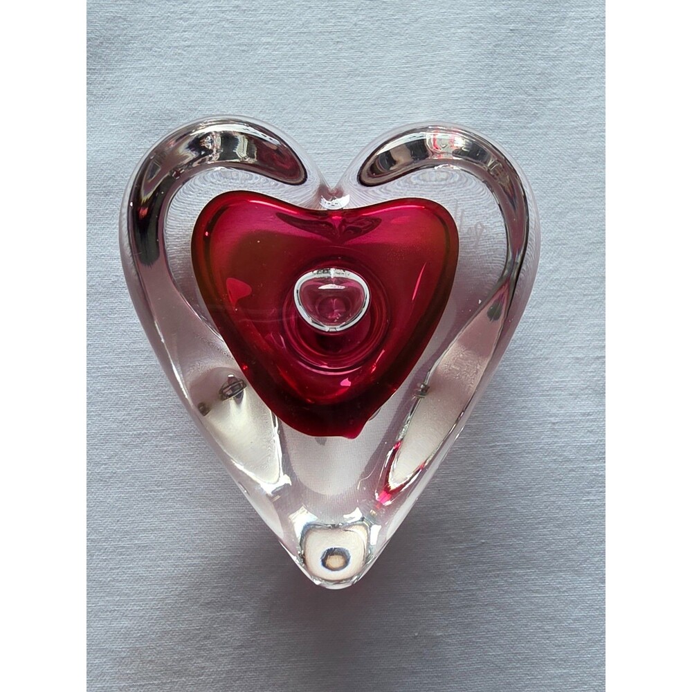 Rollin Karg Signed Art Glass Heart Paperweight Cranberry Red Clear Studio Glass